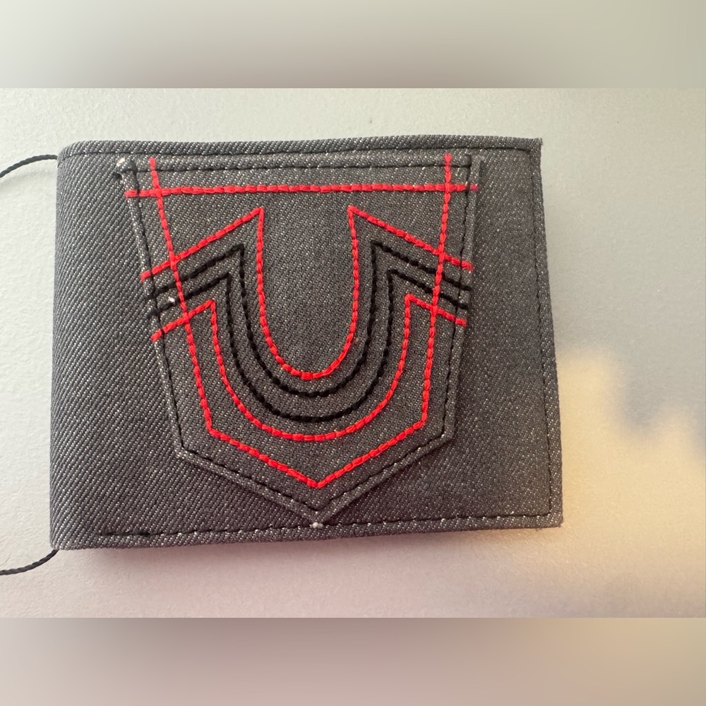 True Religion Reece horseshoes bifold wallet leather RFID Black and Red Wallet